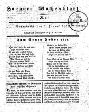 Sorauer Wochenblatt für Unterhaltung, Belehrung und Ereignisse der Gegenwart on Jan 2, 1836