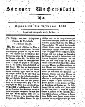Sorauer Wochenblatt für Unterhaltung, Belehrung und Ereignisse der Gegenwart vom 16.01.1836
