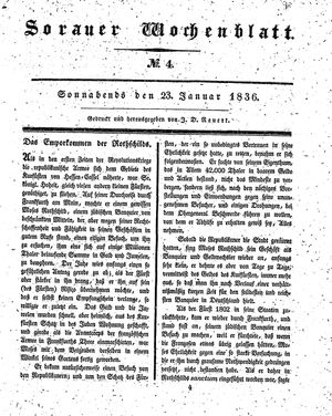 Sorauer Wochenblatt für Unterhaltung, Belehrung und Ereignisse der Gegenwart vom 23.01.1836