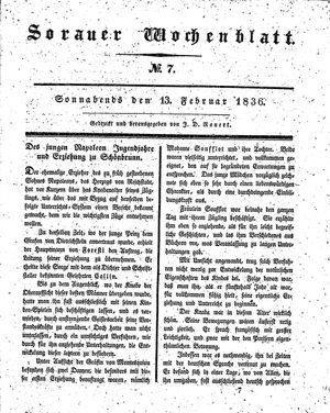 Sorauer Wochenblatt für Unterhaltung, Belehrung und Ereignisse der Gegenwart vom 13.02.1836