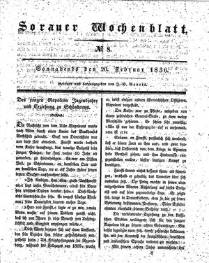 Sorauer Wochenblatt für Unterhaltung, Belehrung und Ereignisse der Gegenwart vom 20.02.1836