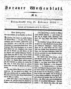 Sorauer Wochenblatt für Unterhaltung, Belehrung und Ereignisse der Gegenwart vom 27.02.1836