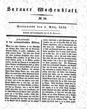 Sorauer Wochenblatt für Unterhaltung, Belehrung und Ereignisse der Gegenwart vom 05.03.1836