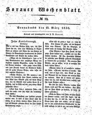 Sorauer Wochenblatt für Unterhaltung, Belehrung und Ereignisse der Gegenwart vom 19.03.1836