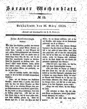 Sorauer Wochenblatt für Unterhaltung, Belehrung und Ereignisse der Gegenwart vom 26.03.1836