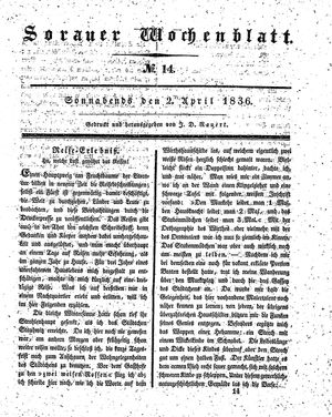 Sorauer Wochenblatt für Unterhaltung, Belehrung und Ereignisse der Gegenwart vom 02.04.1836