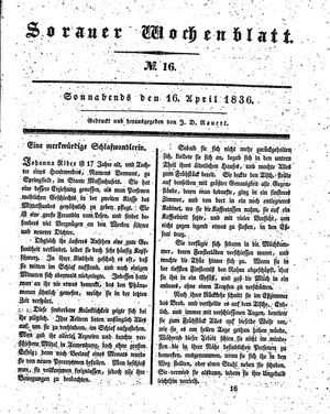 Sorauer Wochenblatt für Unterhaltung, Belehrung und Ereignisse der Gegenwart on Apr 16, 1836