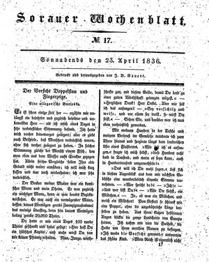 Sorauer Wochenblatt für Unterhaltung, Belehrung und Ereignisse der Gegenwart vom 23.04.1836