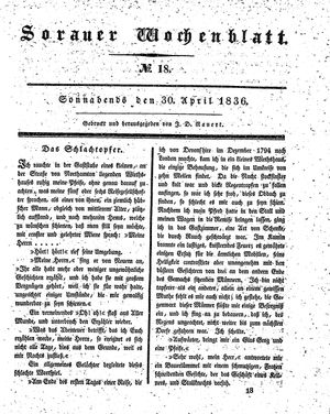 Sorauer Wochenblatt für Unterhaltung, Belehrung und Ereignisse der Gegenwart vom 30.04.1836
