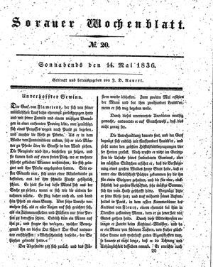 Sorauer Wochenblatt für Unterhaltung, Belehrung und Ereignisse der Gegenwart vom 14.05.1836