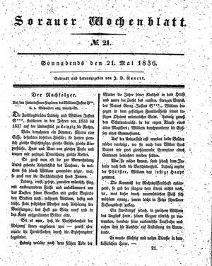 Sorauer Wochenblatt für Unterhaltung, Belehrung und Ereignisse der Gegenwart vom 21.05.1836