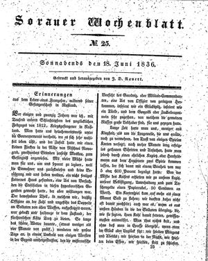 Sorauer Wochenblatt für Unterhaltung, Belehrung und Ereignisse der Gegenwart vom 18.06.1836