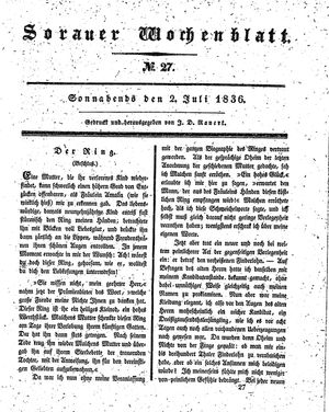 Sorauer Wochenblatt für Unterhaltung, Belehrung und Ereignisse der Gegenwart vom 02.07.1836