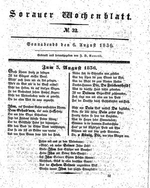 Sorauer Wochenblatt für Unterhaltung, Belehrung und Ereignisse der Gegenwart vom 06.08.1836