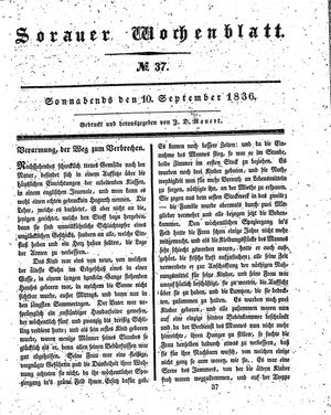 Sorauer Wochenblatt für Unterhaltung, Belehrung und Ereignisse der Gegenwart vom 10.09.1836