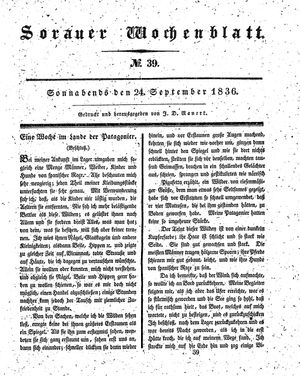 Sorauer Wochenblatt für Unterhaltung, Belehrung und Ereignisse der Gegenwart vom 24.09.1836