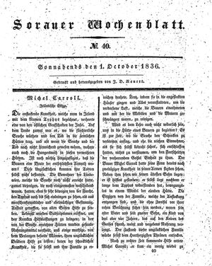 Sorauer Wochenblatt für Unterhaltung, Belehrung und Ereignisse der Gegenwart vom 01.10.1836