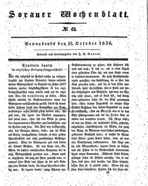 Sorauer Wochenblatt für Unterhaltung, Belehrung und Ereignisse der Gegenwart vom 15.10.1836