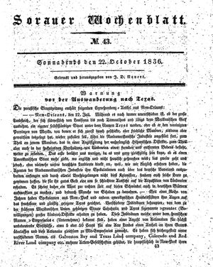 Sorauer Wochenblatt für Unterhaltung, Belehrung und Ereignisse der Gegenwart vom 22.10.1836