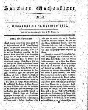 Sorauer Wochenblatt für Unterhaltung, Belehrung und Ereignisse der Gegenwart vom 12.11.1836