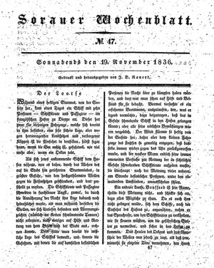 Sorauer Wochenblatt für Unterhaltung, Belehrung und Ereignisse der Gegenwart vom 19.11.1836