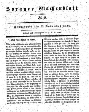 Sorauer Wochenblatt für Unterhaltung, Belehrung und Ereignisse der Gegenwart vom 26.11.1836
