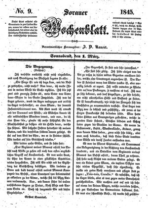 Sorauer Wochenblatt für Unterhaltung, Belehrung und Ereignisse der Gegenwart vom 01.03.1845