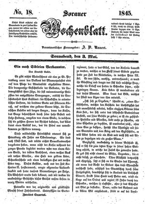 Sorauer Wochenblatt für Unterhaltung, Belehrung und Ereignisse der Gegenwart vom 03.05.1845