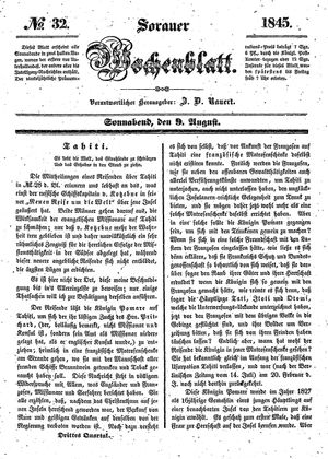 Sorauer Wochenblatt für Unterhaltung, Belehrung und Ereignisse der Gegenwart vom 09.08.1845