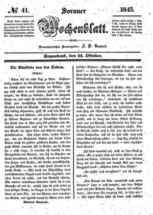 Sorauer Wochenblatt für Unterhaltung, Belehrung und Ereignisse der Gegenwart vom 11.10.1845