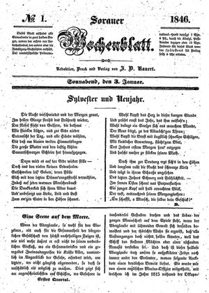 Sorauer Wochenblatt für Unterhaltung, Belehrung und Ereignisse der Gegenwart vom 03.01.1846