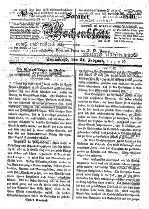 Sorauer Wochenblatt für Unterhaltung, Belehrung und Ereignisse der Gegenwart vom 21.02.1846