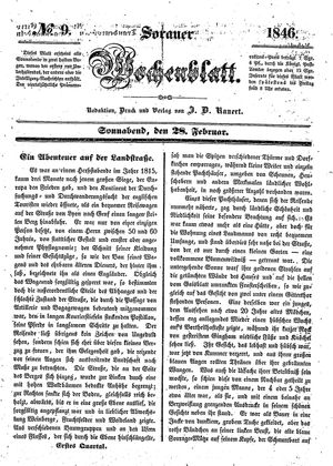 Sorauer Wochenblatt für Unterhaltung, Belehrung und Ereignisse der Gegenwart vom 28.02.1846