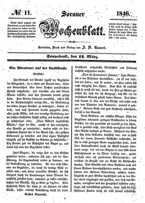 Sorauer Wochenblatt für Unterhaltung, Belehrung und Ereignisse der Gegenwart vom 14.03.1846
