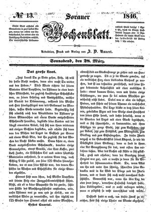 Sorauer Wochenblatt für Unterhaltung, Belehrung und Ereignisse der Gegenwart vom 28.03.1846