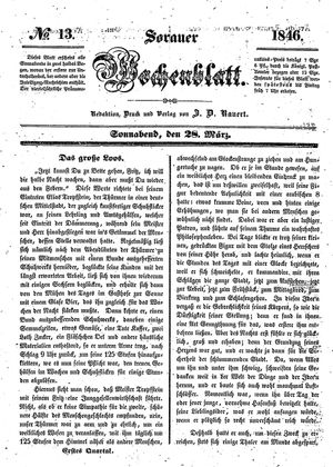 Sorauer Wochenblatt für Unterhaltung, Belehrung und Ereignisse der Gegenwart vom 28.03.1846