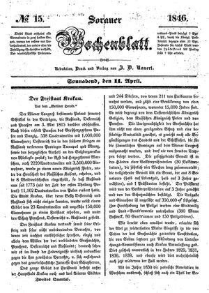 Sorauer Wochenblatt für Unterhaltung, Belehrung und Ereignisse der Gegenwart vom 11.04.1846