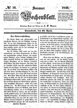 Sorauer Wochenblatt für Unterhaltung, Belehrung und Ereignisse der Gegenwart vom 18.04.1846