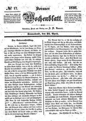Sorauer Wochenblatt für Unterhaltung, Belehrung und Ereignisse der Gegenwart vom 25.04.1846