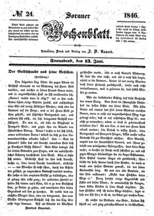 Sorauer Wochenblatt für Unterhaltung, Belehrung und Ereignisse der Gegenwart vom 13.06.1846