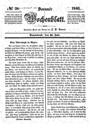 Sorauer Wochenblatt für Unterhaltung, Belehrung und Ereignisse der Gegenwart vom 11.07.1846