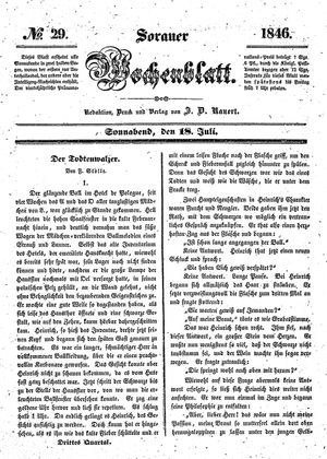 Sorauer Wochenblatt für Unterhaltung, Belehrung und Ereignisse der Gegenwart vom 18.07.1846