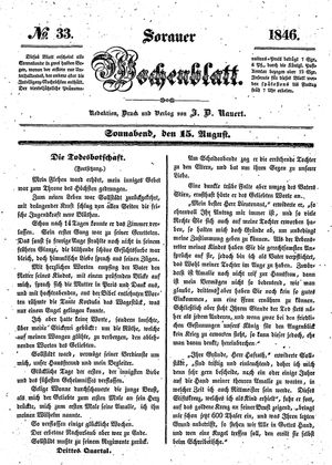 Sorauer Wochenblatt für Unterhaltung, Belehrung und Ereignisse der Gegenwart on Aug 15, 1846