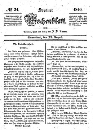 Sorauer Wochenblatt für Unterhaltung, Belehrung und Ereignisse der Gegenwart vom 22.08.1846