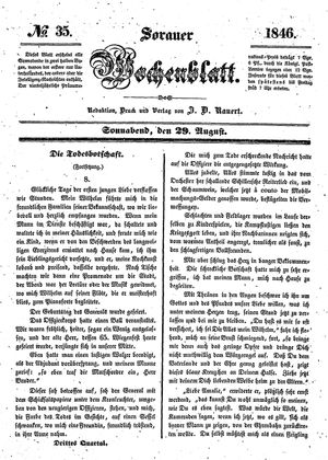 Sorauer Wochenblatt für Unterhaltung, Belehrung und Ereignisse der Gegenwart vom 29.08.1846