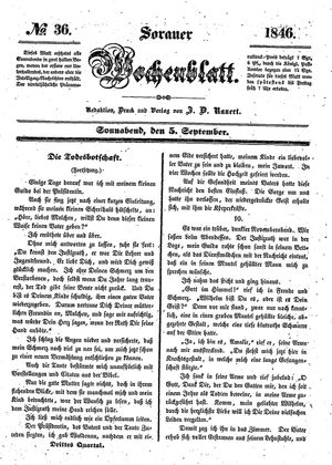 Sorauer Wochenblatt für Unterhaltung, Belehrung und Ereignisse der Gegenwart vom 05.09.1846