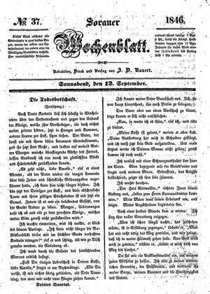 Sorauer Wochenblatt für Unterhaltung, Belehrung und Ereignisse der Gegenwart vom 12.09.1846