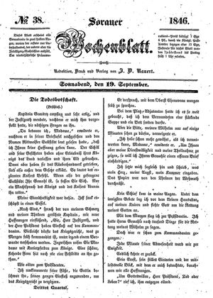 Sorauer Wochenblatt für Unterhaltung, Belehrung und Ereignisse der Gegenwart vom 19.09.1846