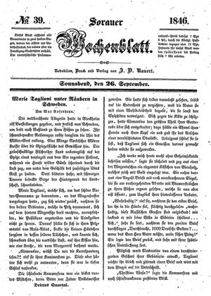 Sorauer Wochenblatt für Unterhaltung, Belehrung und Ereignisse der Gegenwart vom 26.09.1846