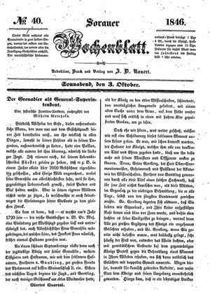 Sorauer Wochenblatt für Unterhaltung, Belehrung und Ereignisse der Gegenwart vom 03.10.1846